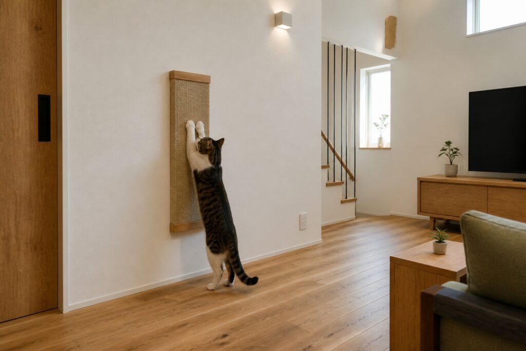 白い壁面に造作された木枠付きの専用スペースで、猫が立ち上がって爪とぎをしているリビング風景です。