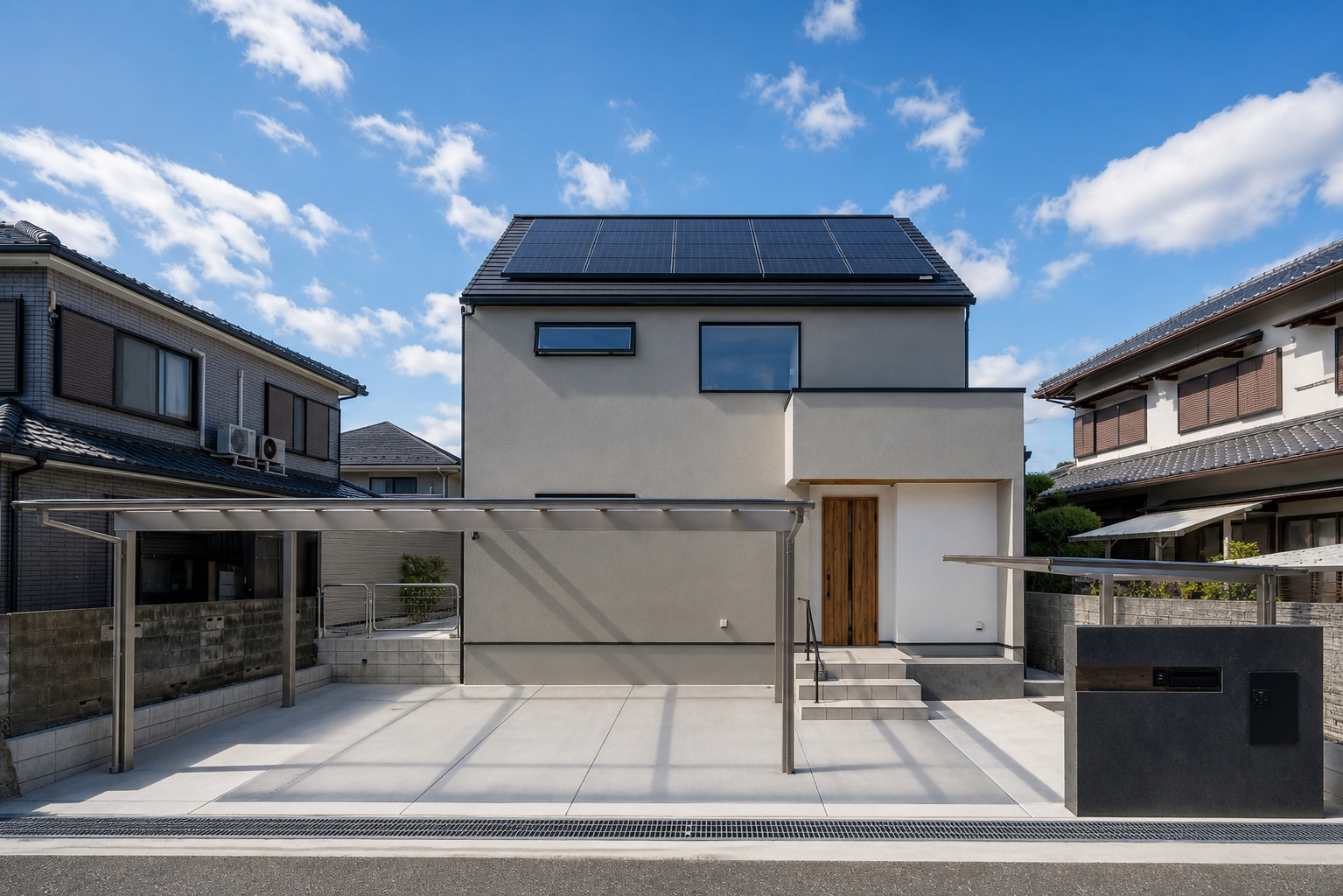 大容量の太陽光パネルを屋根に搭載し、グレーの外壁に木目調の玄関ドアがアクセントになったモダンな住宅の外観とカーポート。