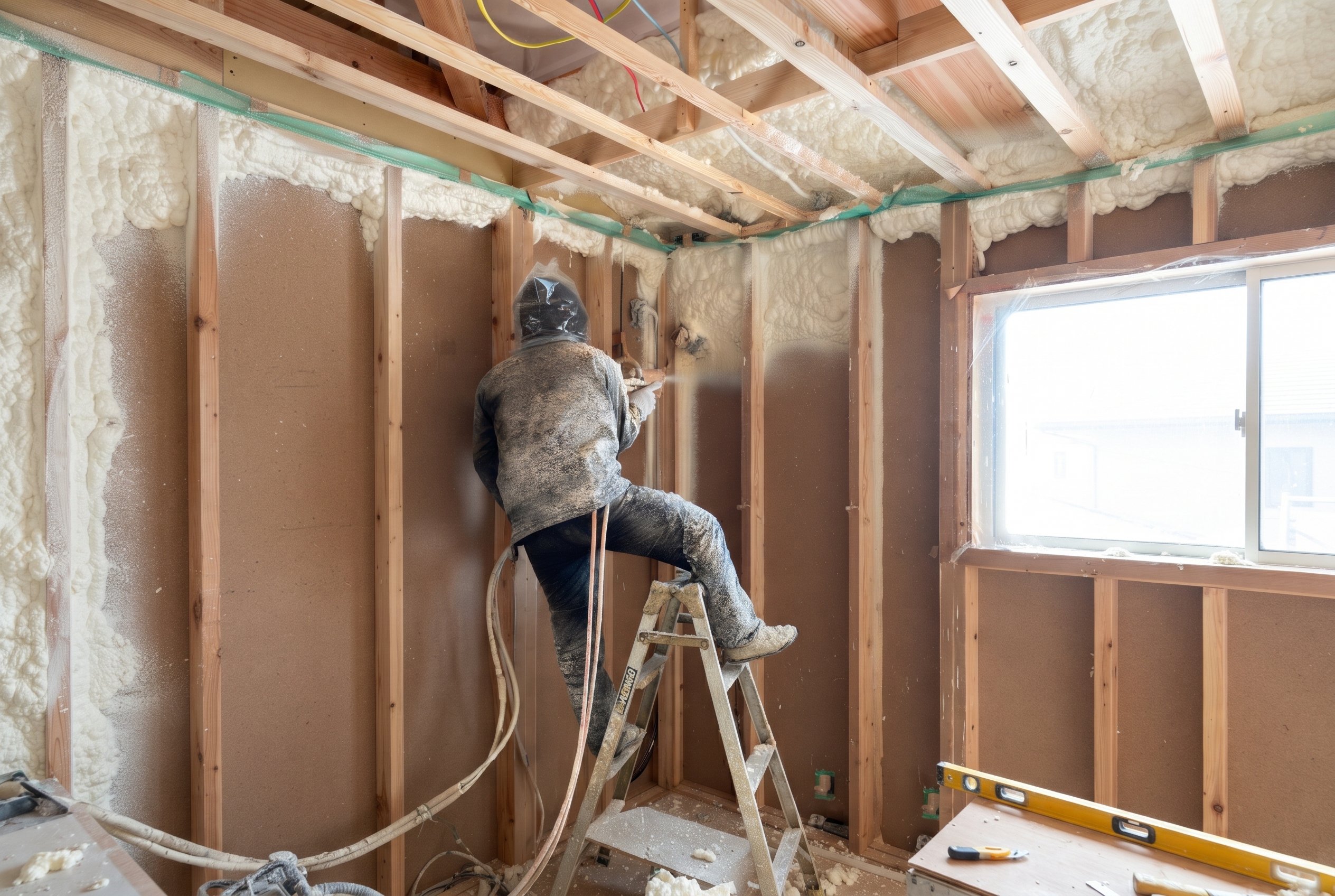 木造の躯体がむき出しになった建築現場で、職人が脚立に乗り壁面に発泡ウレタンなどの断熱材を吹き付けている施工の様子