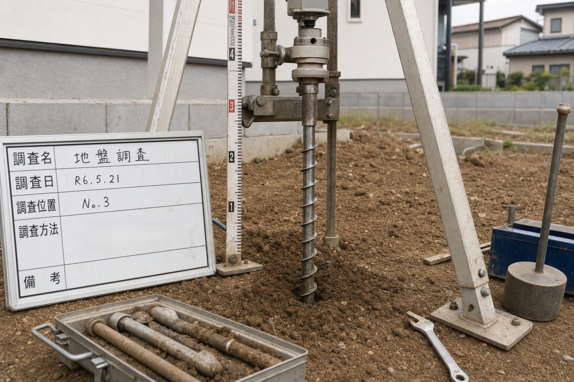 家づくり前の更地で行われている、SWS試験による地盤調査。専用の機材を用いて、建物を支える地盤の強度を正確に測定しています。