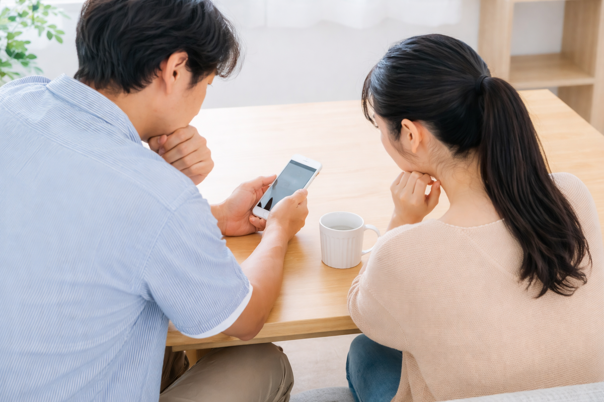 ダイニングテーブルに並んで座り、2人でスマートフォンの画面を見ながら土地情報や住まいについて検討している男女の後ろ姿。