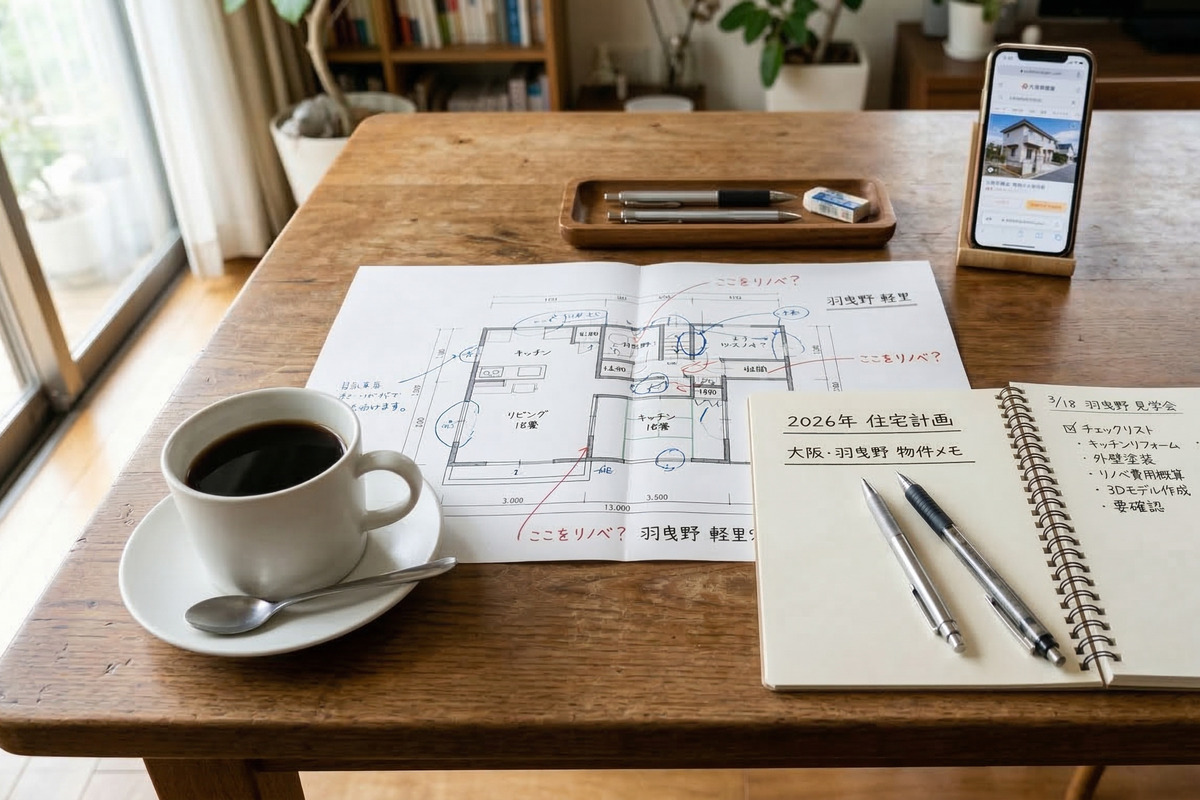 無垢材のダイニングテーブルの上で、手書きのメモが書き込まれた間取り図や住宅計画のノートを広げ、リノベーションの検討をしている様子。