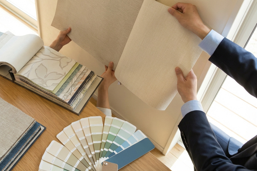 大きなサンプルとカラーチャートを使い、光の当たり具合を確認しながら、施主と専門家がクロスを選定している。