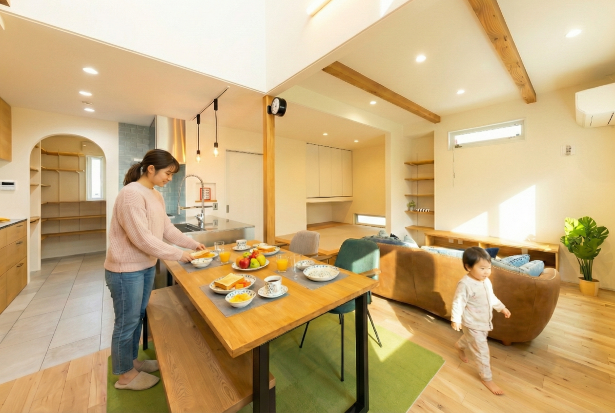 吹き抜けと現しの梁が開放的なLDK。無垢材の床が広がる空間で、アーチ壁のパントリーや奥の小上がり和室が家族の暮らしやすさを演出しています。