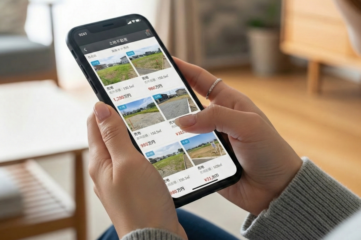 スマートフォンで不動産情報サイトを開き、複数の売地情報を比較しながら土地探しをしている手元の様子。
