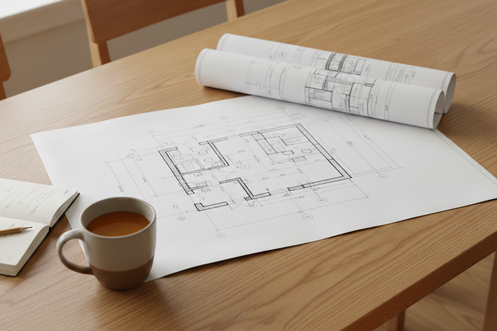 木目の美しいテーブルの上に広げられた住宅の平面図と丸められた図面。横にはノートとコーヒーカップが置かれ、家づくりの計画を進めている様子が伺えます。