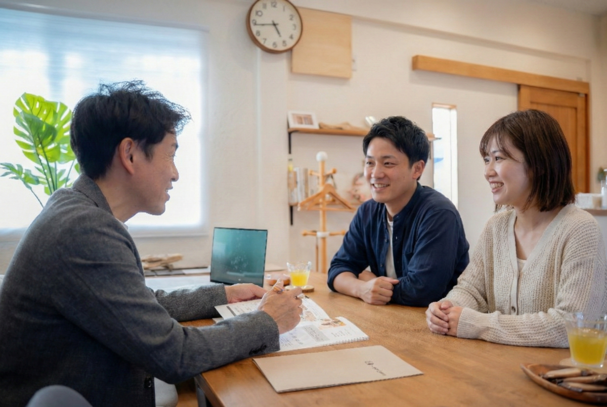 木の温もりが感じられる明るい打ち合わせスペースで、工務店スタッフと笑顔で家づくりの相談をするご夫婦の様子。