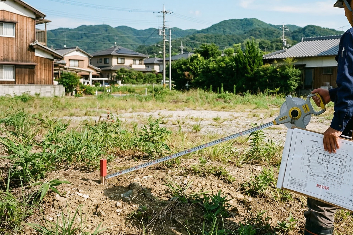 赤い境界杭が打たれた雑草の生える更地で、作業服姿のスタッフが「敷地平面図」を片手に巻尺を使って正確な寸法を測量している敷地調査の様子。