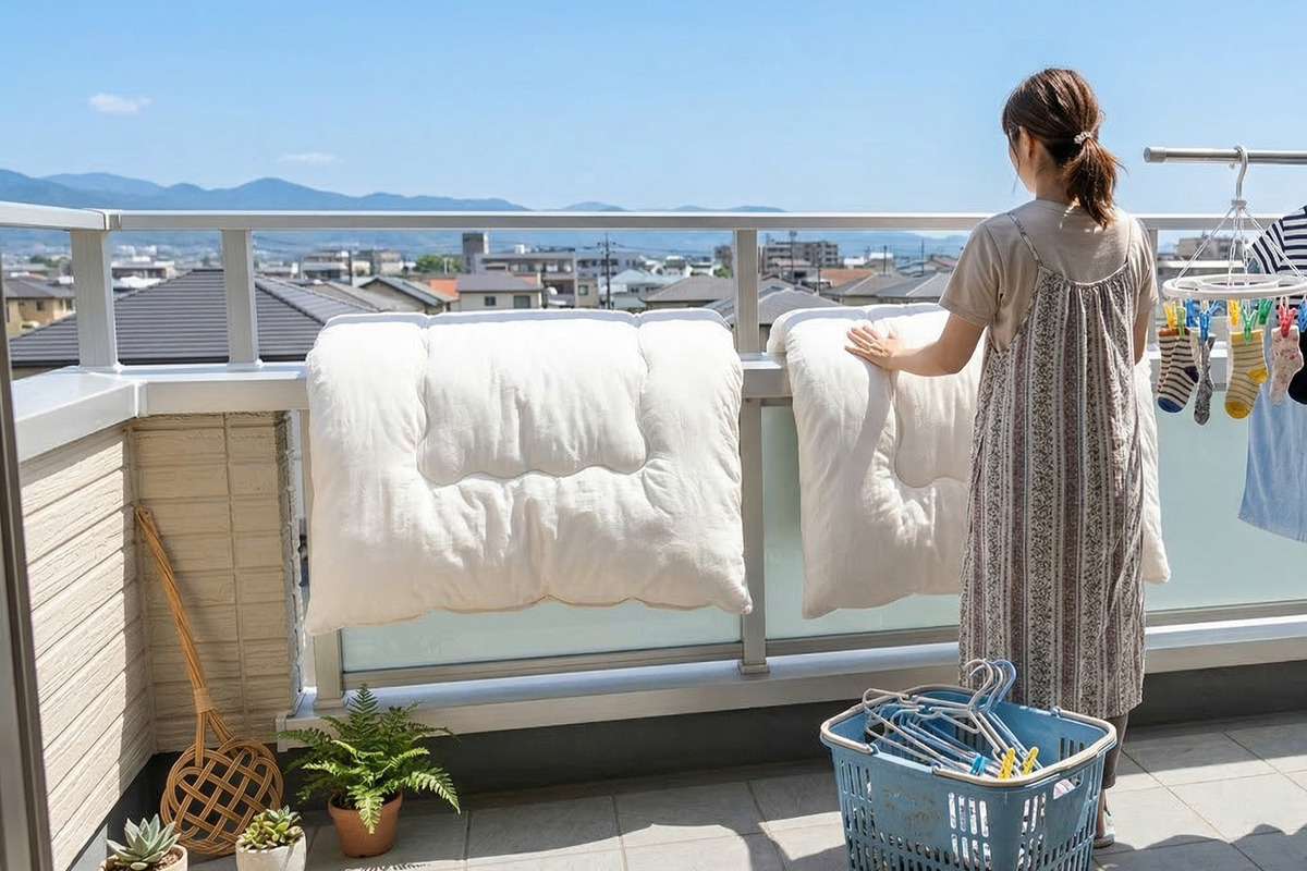 よく晴れた青空の下、見晴らしの良い広々としたバルコニーの手すりに、女性が白い布団を干して家事をしている日常風景。