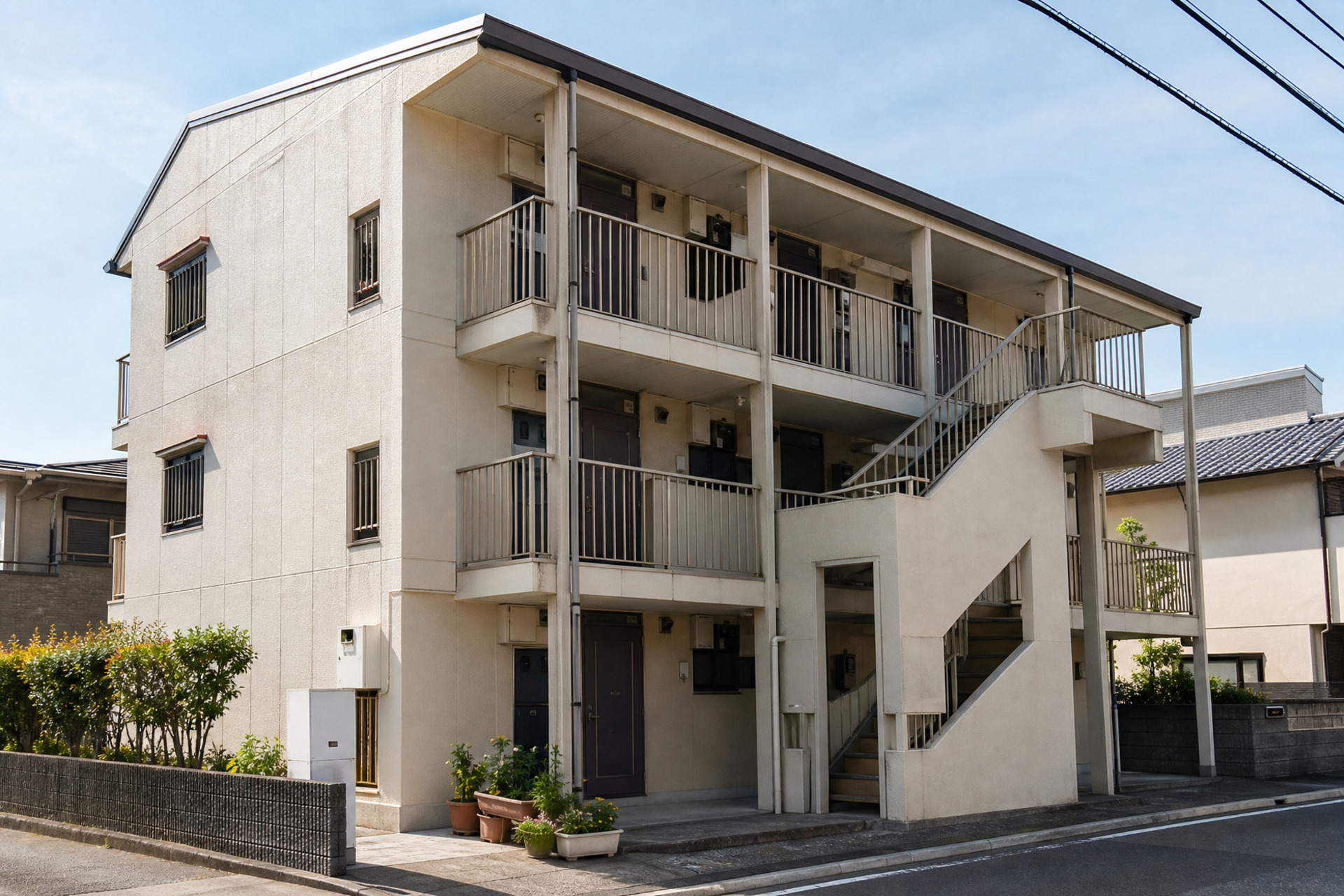 白い外壁と外階段を備えた3階建てのアパートの外観。日当たりの良い落ち着いた住宅街に建つ集合住宅です。