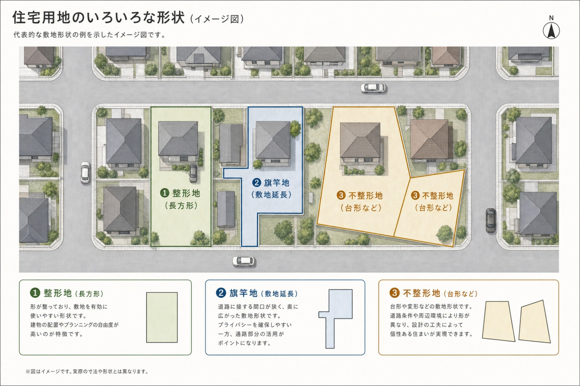 整形地、旗竿地、不整形地という3種類の代表的な住宅用地の形状と特徴を比較・解説したイメージ図。