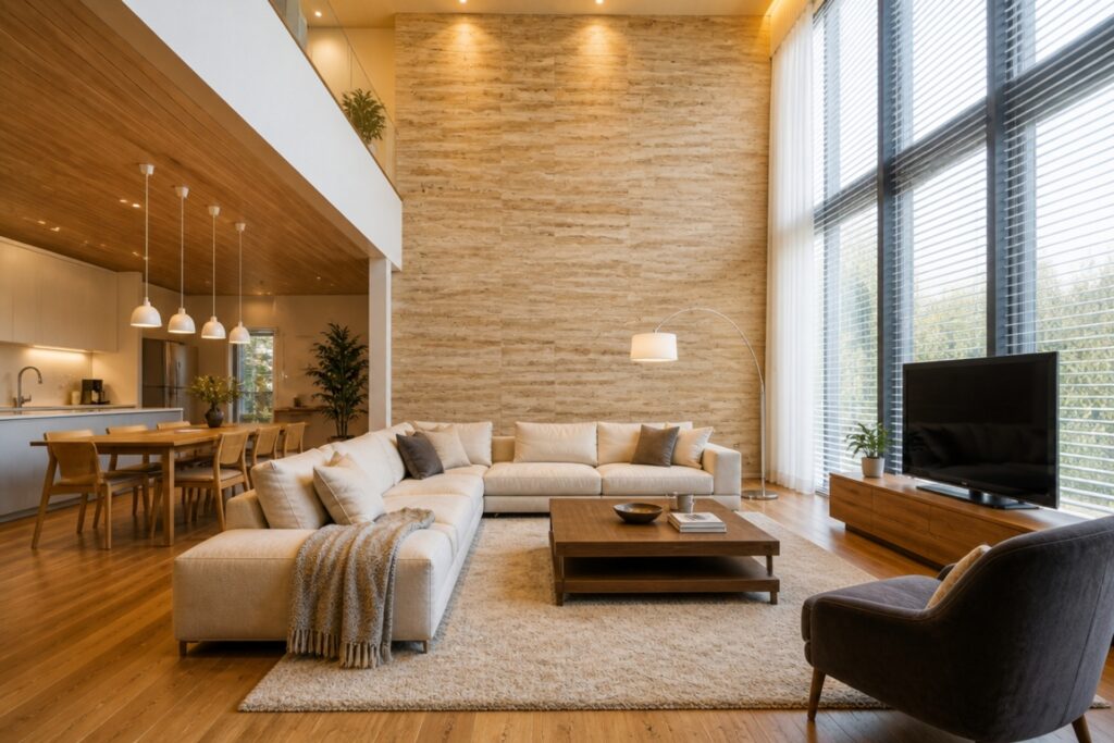 木目調の天井と石目調のアクセントウォールが目を引く、大開口の窓から自然光が注ぐ開放的な吹き抜けリビング。