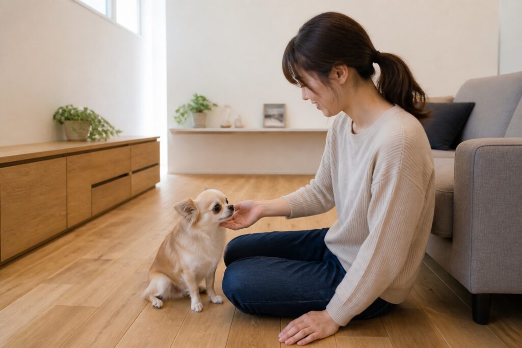 木の温もりを感じる無垢材フローリングのリビングで、女性が愛犬のチワワと触れ合っている様子です。