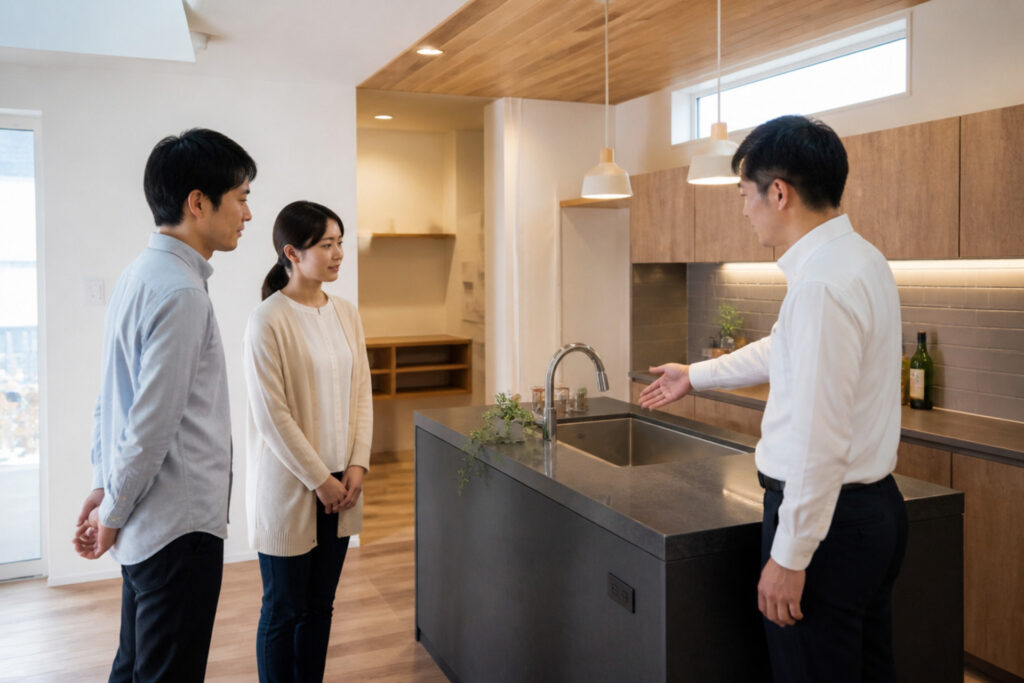 木目調の下がり天井と背面収納を備えたモダンなアイランドキッチンで、担当者から設備の説明を受ける夫婦。