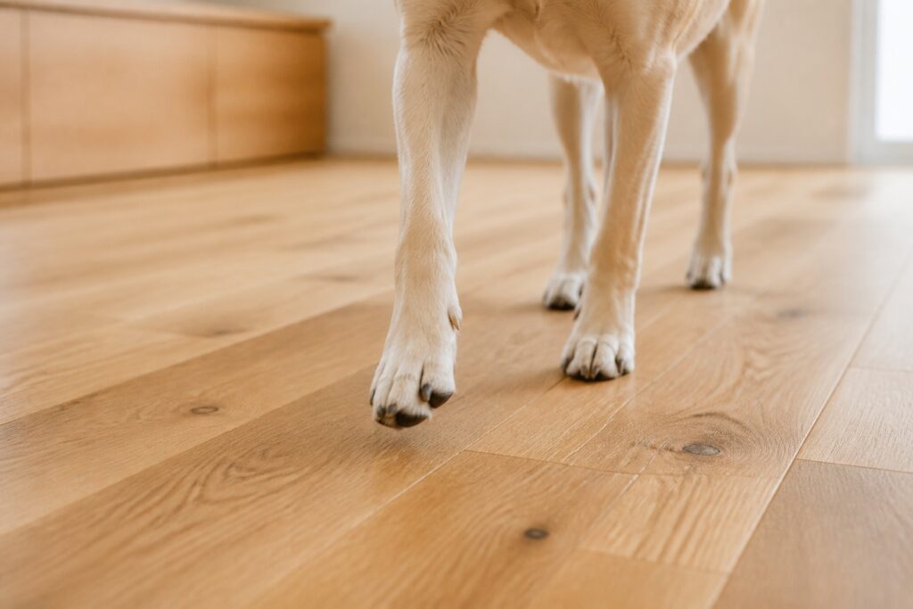 木目が美しい無垢材のフローリングを歩く、犬の足元のクローズアップです。