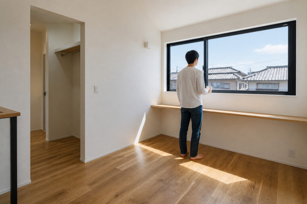 無垢材の床と白い漆喰の壁に囲まれた明るい室内で、大きな窓の外の景色を眺める男性。