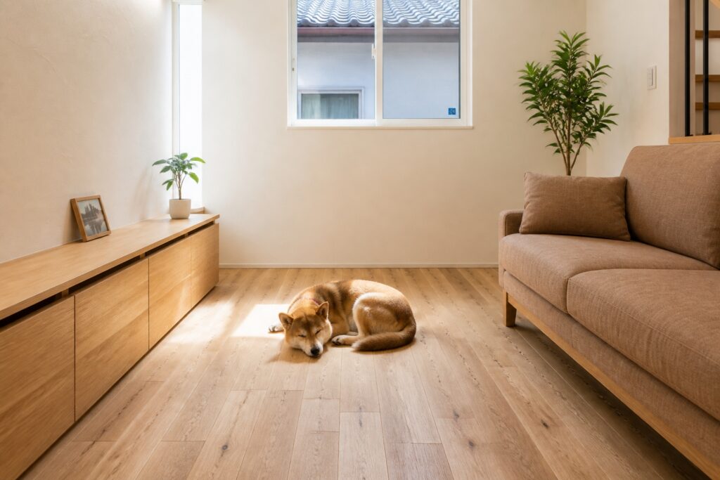 明るい日差しが差し込むナチュラルテイストのリビング。無垢材のフローリングの上で柴犬が眠っています。
