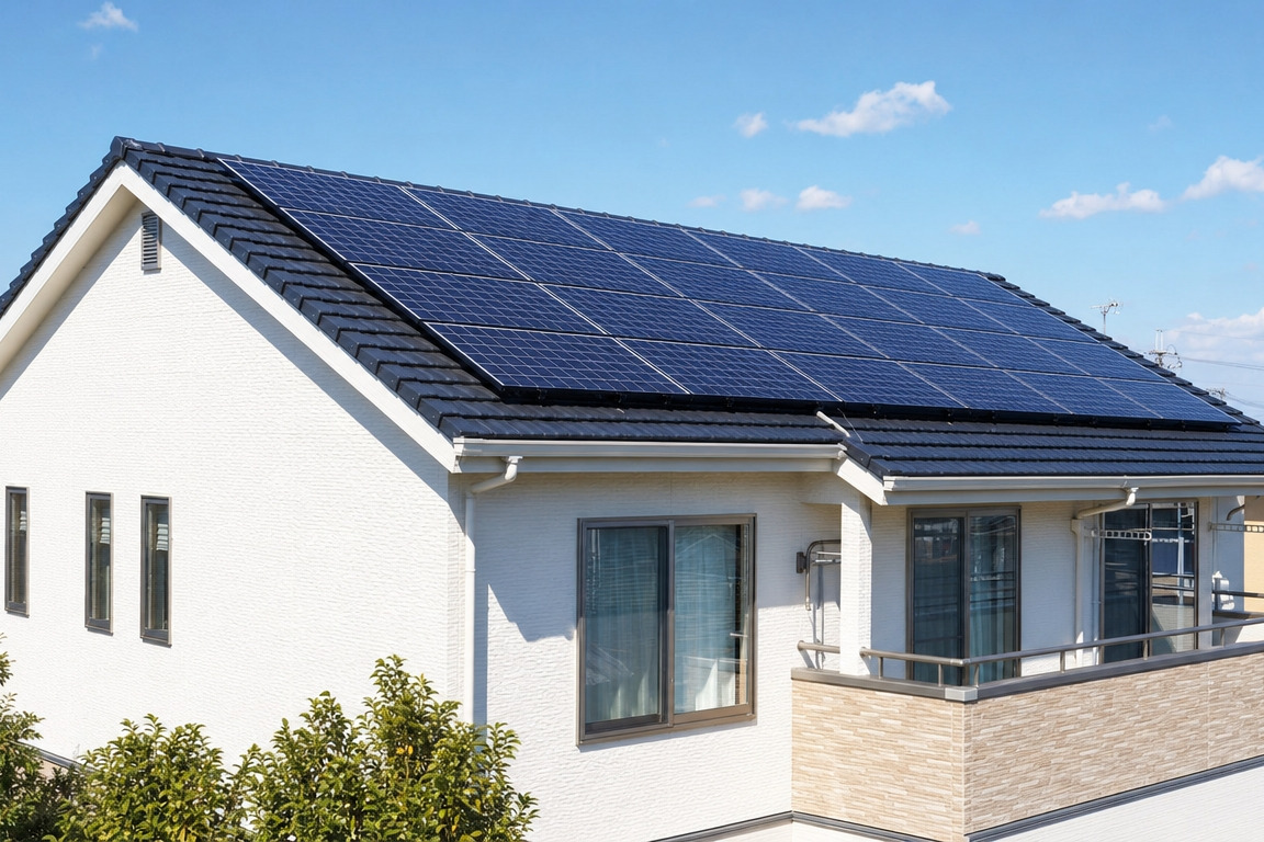 白い外壁の住宅の切妻屋根に設置された大容量の太陽光パネル。晴天の青空の下で再生可能エネルギーを発電する外観。