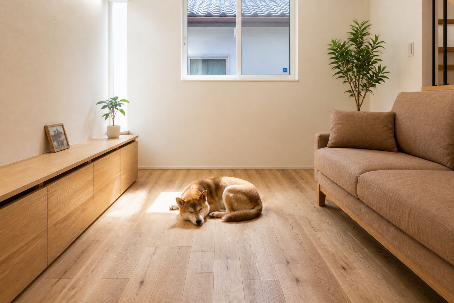 明るい日差しが差し込むナチュラルテイストのリビング。無垢材のフローリングの上で柴犬が眠っています。