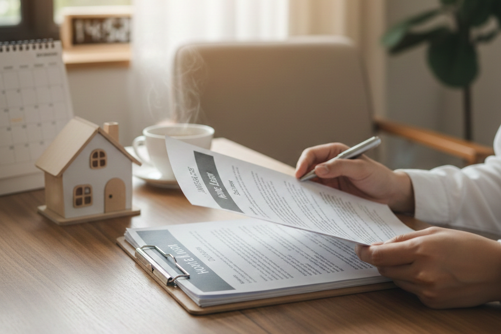 木製のテーブルの上に置かれた家の模型の横で、住宅の契約書や申し込み関連の書類にペンで記入している手元の様子。