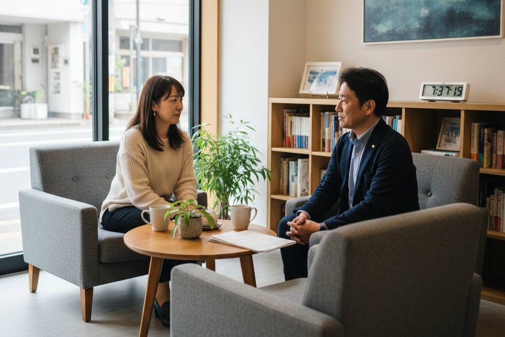 木の温もりが感じられる明るい相談スペースで、スタッフとリラックスした様子で打ち合わせをする女性