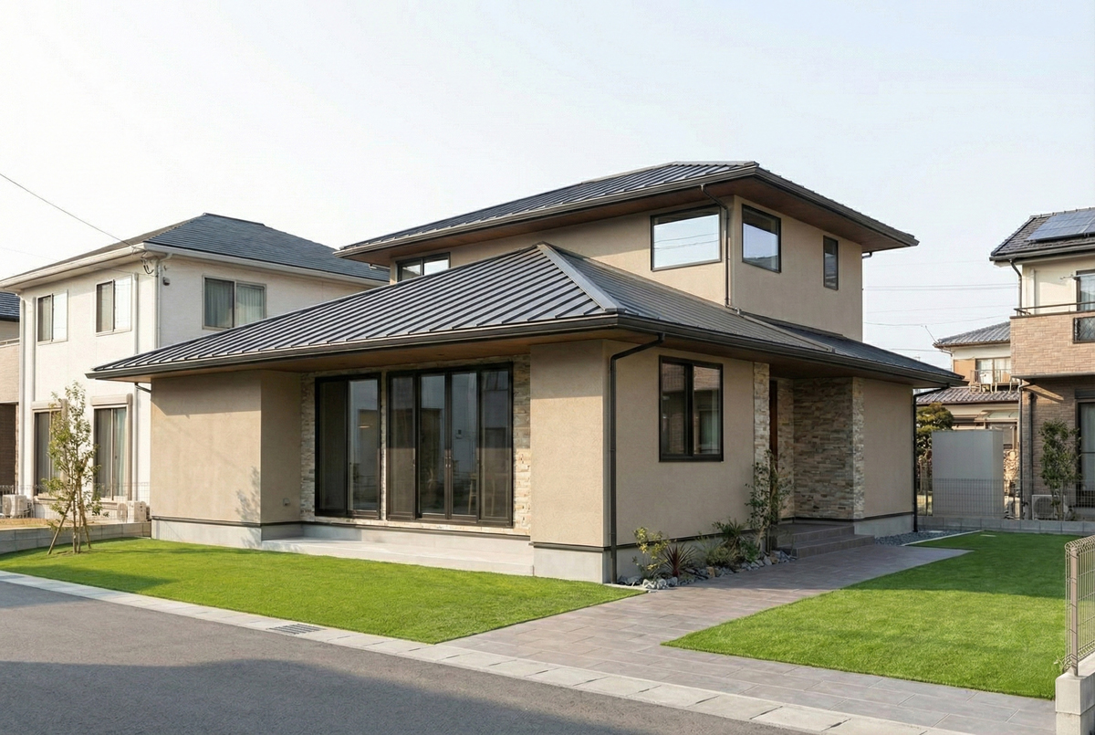 落ち着いた佇まいを見せる寄棟屋根の住宅外観。ベージュの外壁と石張り風のアクセントが重厚感を演出しています。