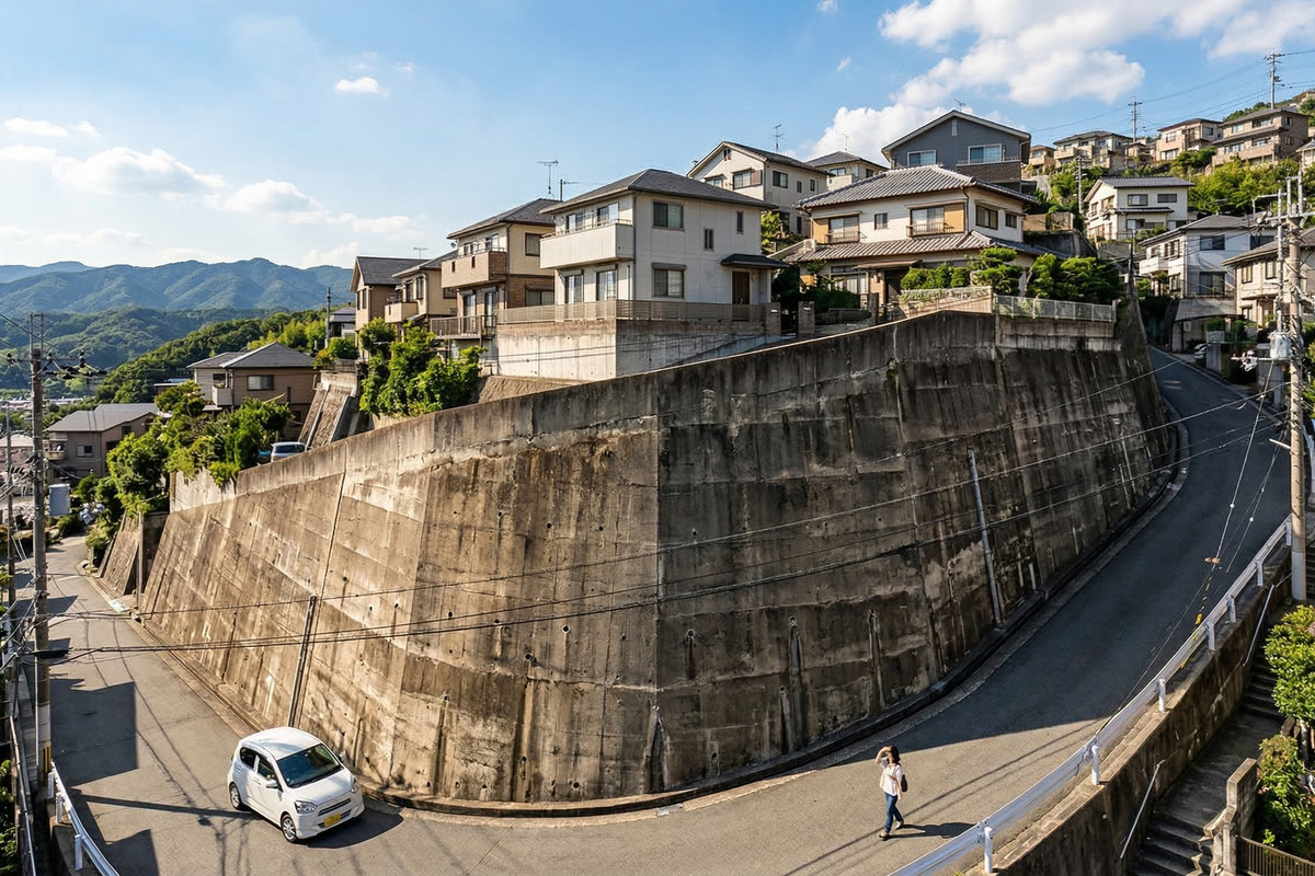 カーブする舗装道路沿いに整備された、真新しいコンクリート擁壁とフェンス。擁壁の上には植栽が施され、新しく造成された分譲地や住宅が並んでいます。