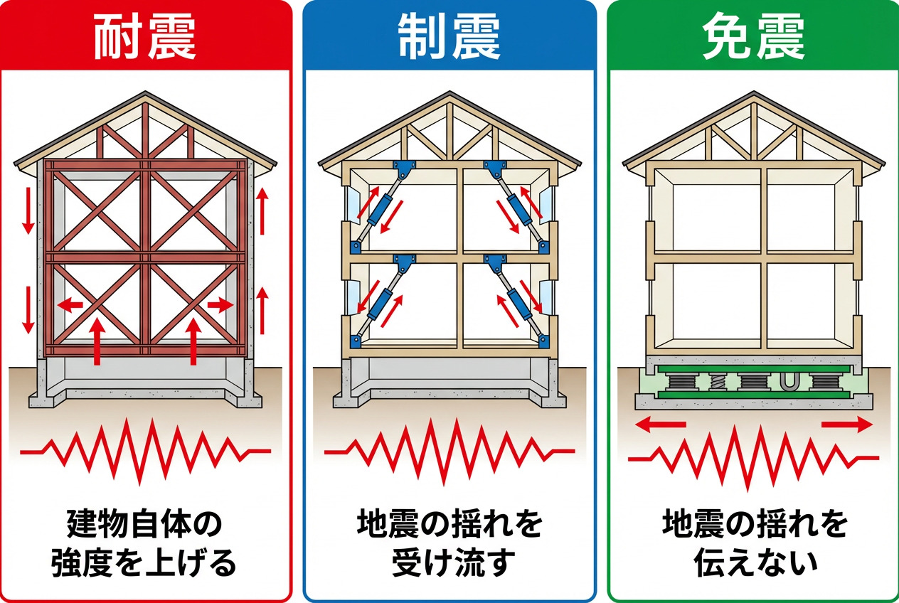 「耐震」「制震」「免震」の構造の違いを比較した図解。建物の強度を上げる耐震、揺れを受け流す制震、揺れを伝えない免震のメカニズムがイラストで分かりやすく解説されています。