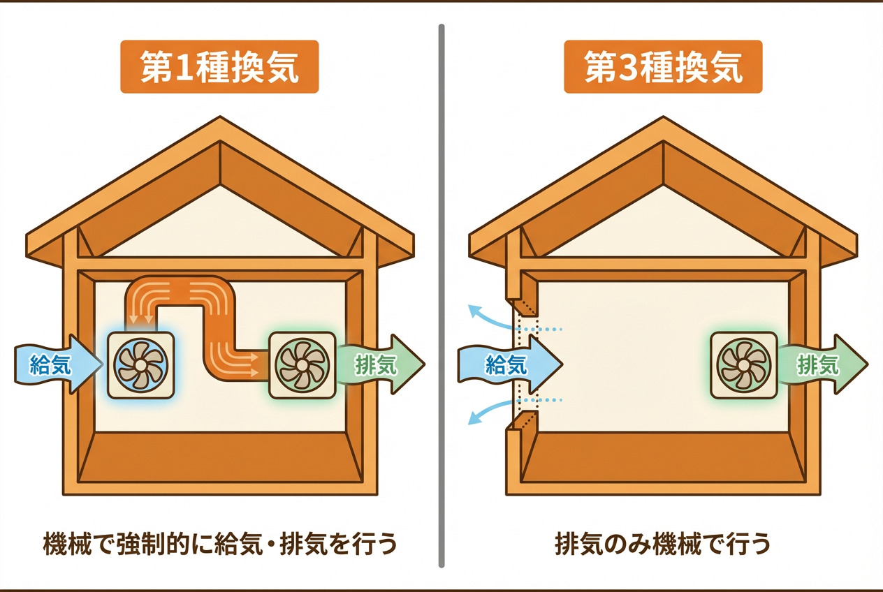 機械で強制的に給気と排気を行う第1種換気と、排気のみを機械で行う第3種換気の仕組みを比較した住宅の構造イラスト