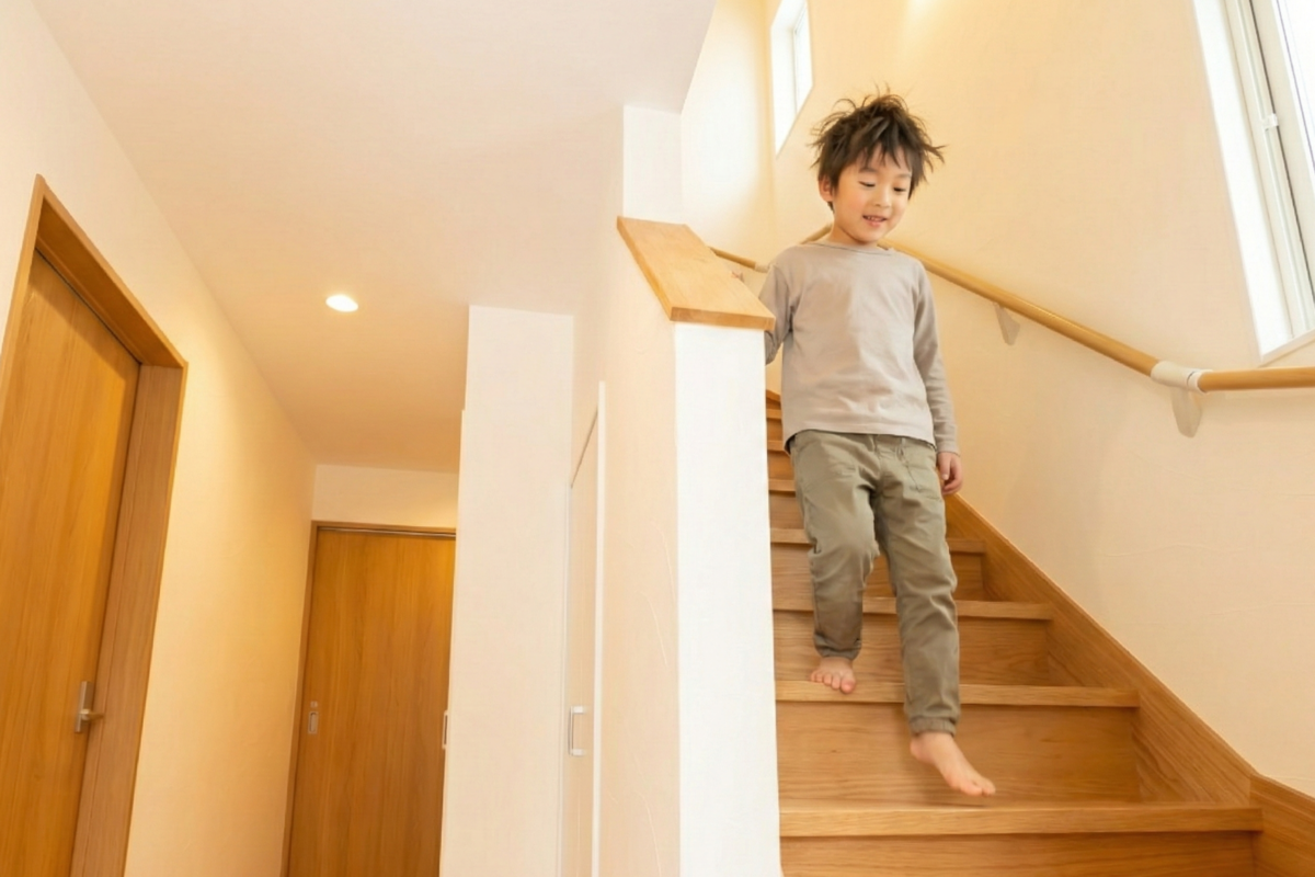 木目の踏み板と白い壁の明るい階段に木製の手すりが設けられた空間を、裸足で元気よく降りてくる男の子。