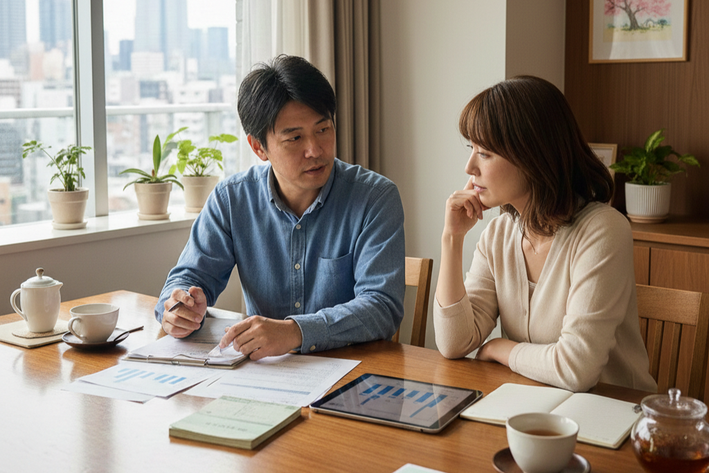 明るいダイニングテーブルで、書類やタブレットに表示されたグラフを見ながら資金計画や家づくりについて真剣に話し合う夫婦。