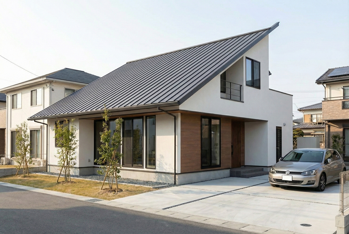 シャープな印象を与える段違いの差し掛け屋根と、白と木目調のコントラストが美しいモダンな住宅外観。