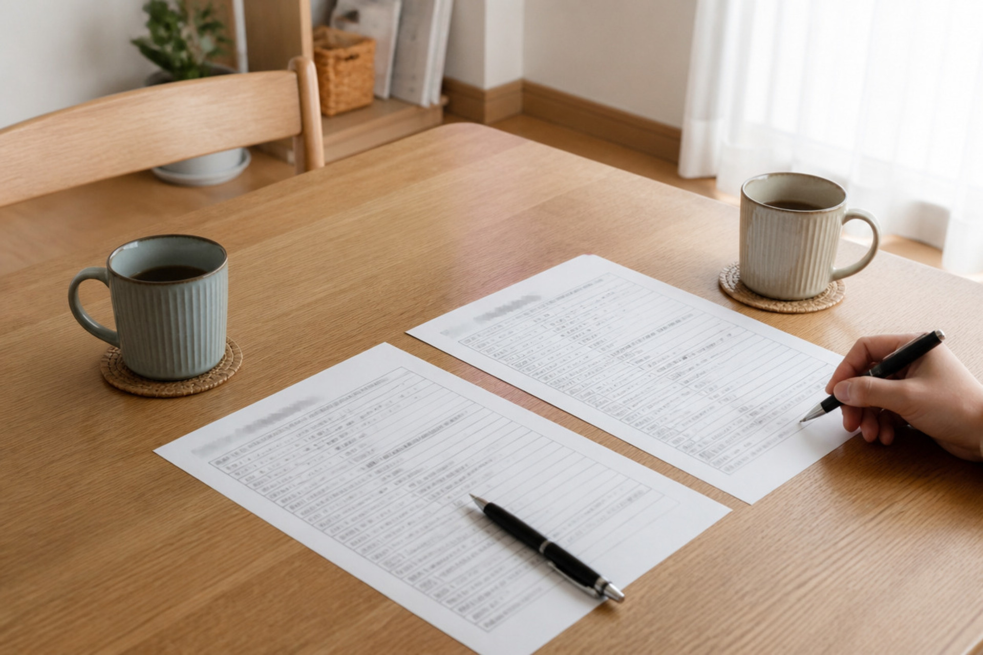 木の温かみを感じるダイニングで、夫婦が資料を確認しながら相談し、一人が書類にペンを走らせています。