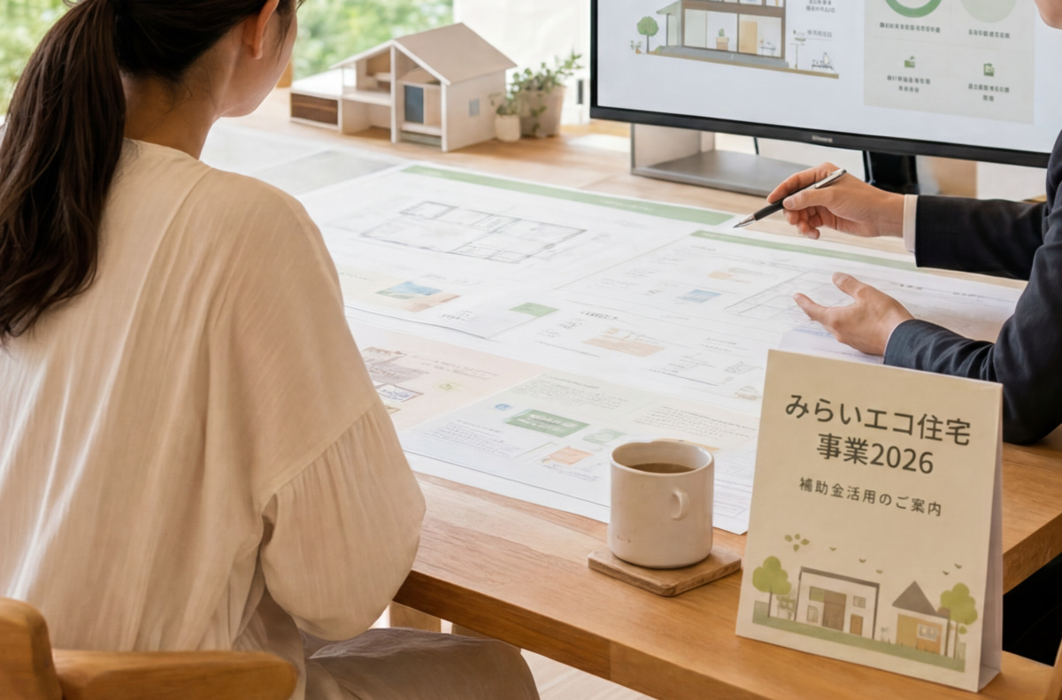 みらいエコ住宅事業2026の案内板が置かれたデスクで、設計図面や補助金活用資料をもとに打ち合わせをする様子