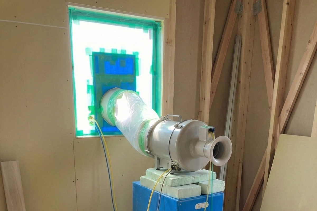 建築中の住宅で行われている気密測定の様子。窓に専用の測定器を隙間なく設置し、建物の高気密性能を数値で正確に確認しています。