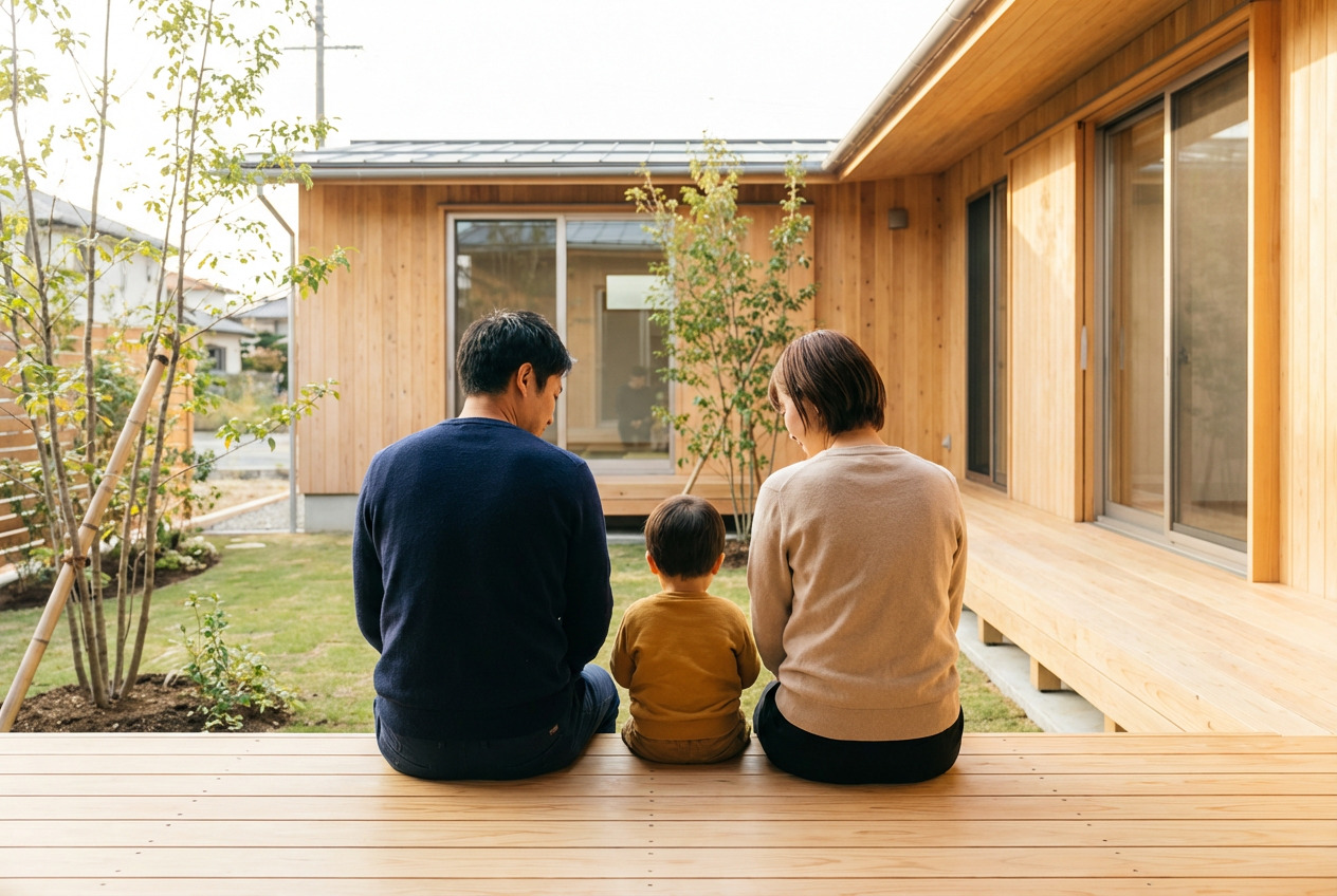温かみのある木製ウッドデッキに並んで腰掛け、中庭の植栽と明るい平屋の木の家を眺める家族の後姿。