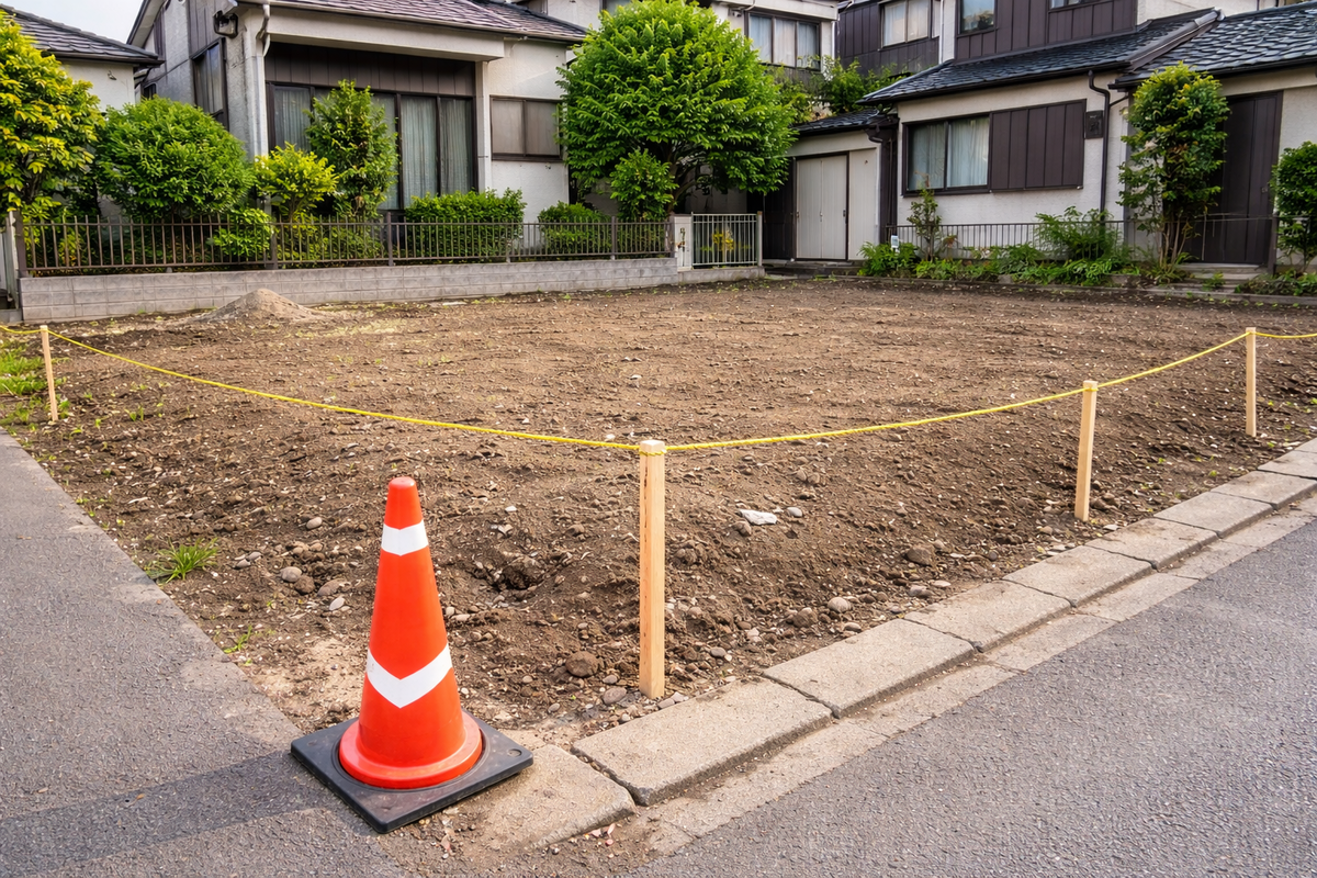 赤いカラーコーンと黄色いトラロープで区画整理された、住宅建築を控える更地の分譲地