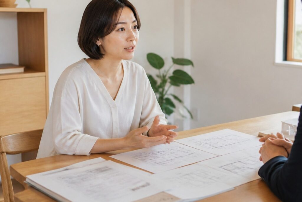 テーブルに広げられた複数の間取り図面を前に、担当者へ身振り手振りを交えながら家づくりの要望を伝える女性。