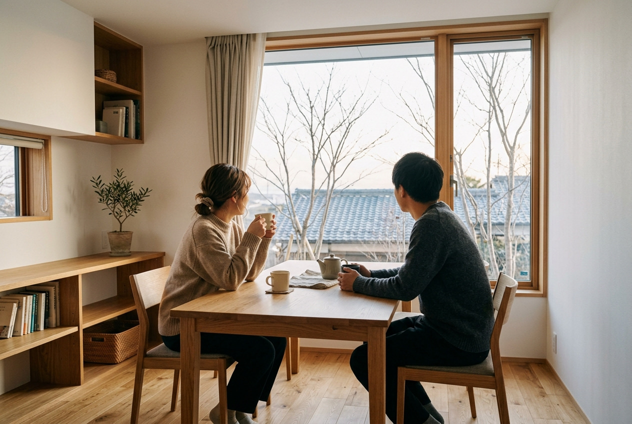 木製フレームの大きな窓から外の景色を望むダイニングで、コーヒーを飲みながらくつろぐ夫婦の姿