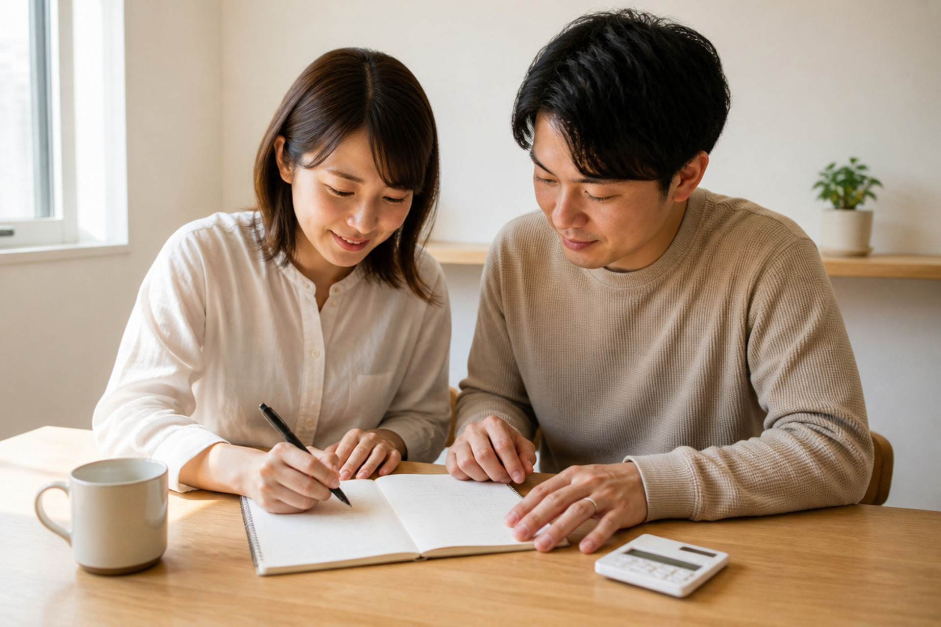 リビングの木製テーブルで、夫婦が仲良くノートに書き込み、家づくりについて楽しく話し合っています。