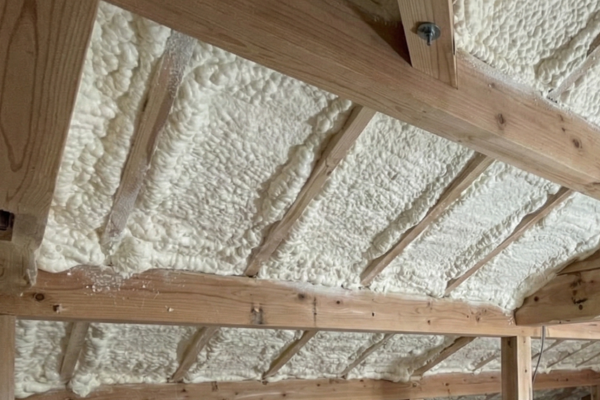 住宅の小屋裏の施工風景。屋根の木組みの間に発泡ウレタン断熱材が隙間なく吹き付けられており、住まいの断熱性を高める工夫がわかります。